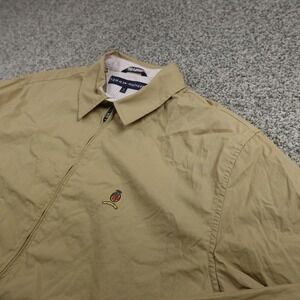 VTG Tommy Hilfiger Jacket Mens M Beige Crest Logo Zip Chin Strap Bomber Golf Y2K